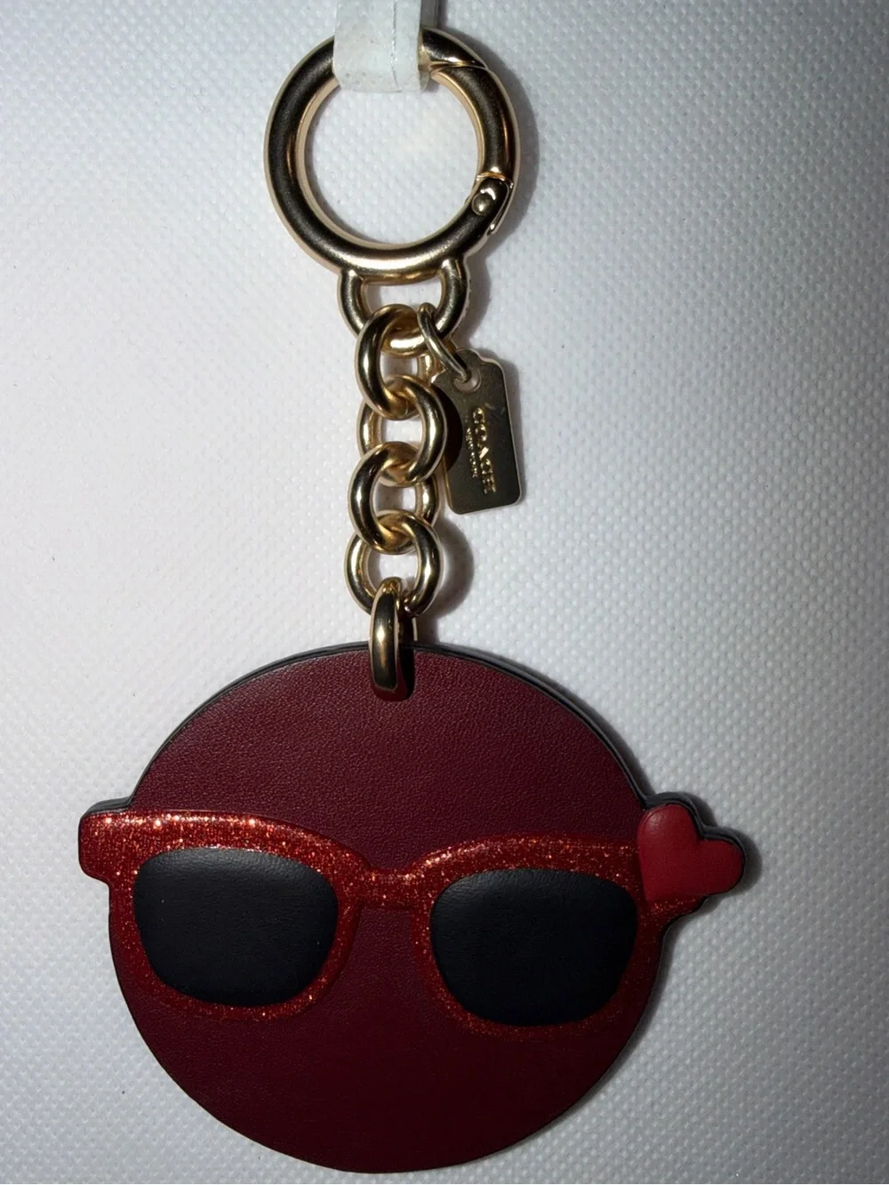 Coach Red Sunglasses Emoji Leather Keychain with Gold Hardware